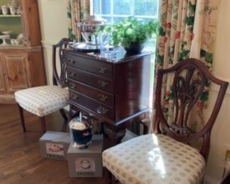 Pair side chairs, silver chest