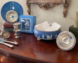 Enamel plate, sterling items, Kirk repousse  bowl and small plate, jasperware bowl