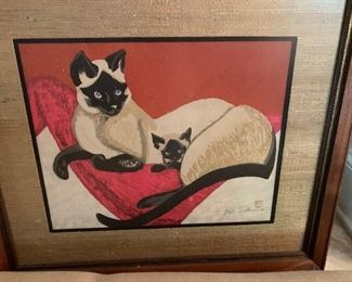 art work by Japanese artist Junichiro Sekino       signed  possibly a wood block Siamese Cats  $775.00