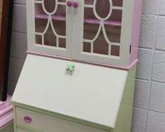 1930s Scrolled crown painted secretary cabinet  Pale pink accents with lime green accents