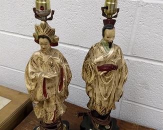 LOT 165 Asian inspired woman and man lamps chalk base I believe