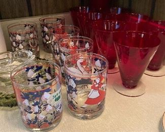 The Twelve Days of Christmas glasses plus cranberry colored iced teas