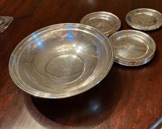 Gorgeous sterling bowl that weighs one and one half pounds not weighted! A dozen sterling bread and butters plus three unmarked. All beautiful.