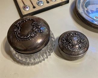 Sterling top on glass container plus sterling box.