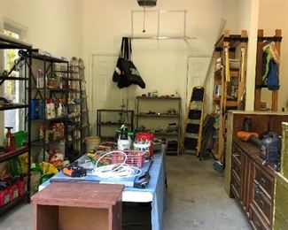 Yard tools, man stuff, shelving 