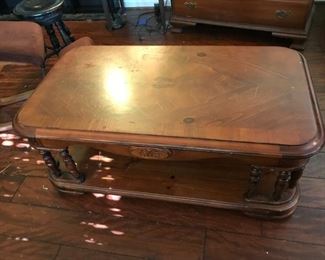 #3	table	pine wood coffee table with shelf  on wheels 48x26x18	 $ 45.00 																						