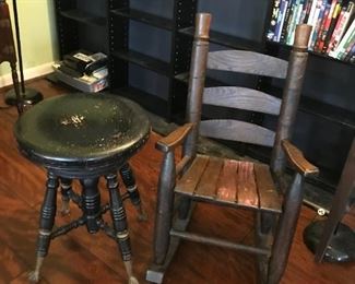 #7	chair	kid wood rocker with slat seats and back heavy	 $ 45.00 																						#8	chair	wood piano stool with glass ball and metal claw feet 	 $ 75.00 																						