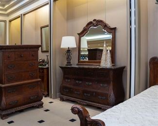 Matching Broyhill bedroom suite:  queen bed, marble top dresser/mirror, and tall chest.