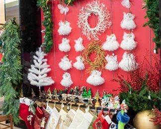 Christmas stockings, stocking holders, birthstone angels, and adorable feather tree on the left!