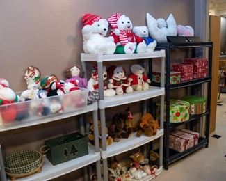 Lots of Christmas stuffed animals - some amazing Christmas boxes on the right.