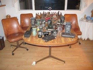 Antique cameras, dining set, and collectibles