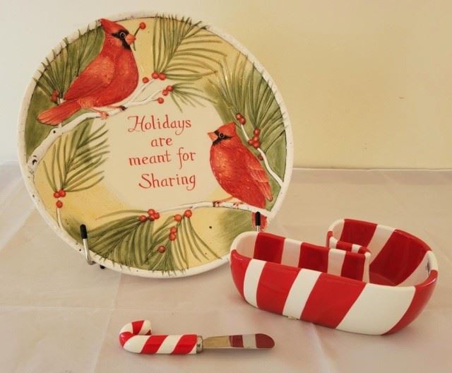 1 - "Holidays are meant for Sharing" Plate & Dip Set Plate 11" Candy Cane 7" long x 2 1/2" high
