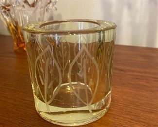 $ 18.00 - Thick light yellow glass votive holder with etched leaf pattern