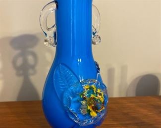 $86.00 - *Murano Glass Vase, Cobalt and white with handles, Scalloped top and rose on front -7"