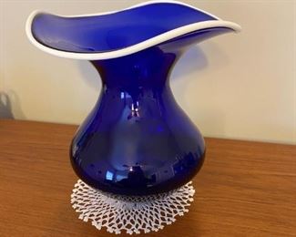$ 55.00 - Large Cobalt glass vase with wide white rim