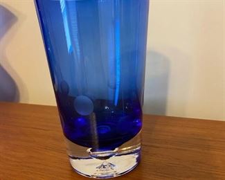 $ 21.00 - Crystal Blue and clear glass etched circle vase