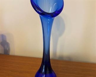 $ 42.00 - Tall * Blenko cobalt vase with wide slanted mouth (11")