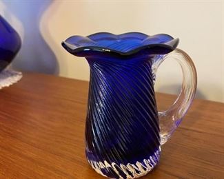 $ 20.00 - Vintage Cobalt ribbed glass with clear handle and flared rim