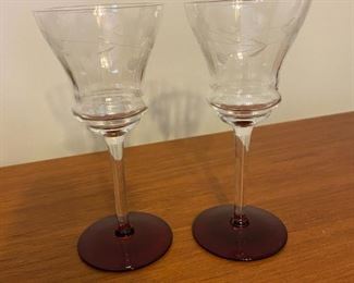 $16.00 - Pair of etched wine glasses with grape base