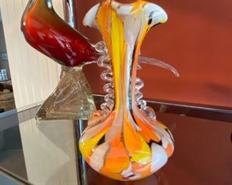 $ 52.00 - Murano glass, Orange, yellow, black and white stretched mouth vase with ruffle sides