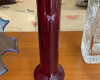 $ 52.00 - Cranberry "Marquis" by Waterford bud vase with clear base