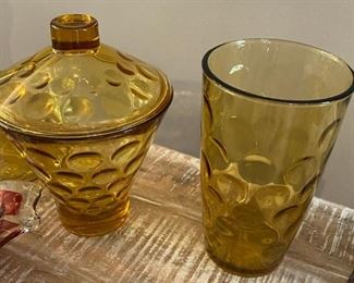 $ 32.00 - Two Vintage Mid Century Amber Glass- Candy Dish, Dimpled With Lid and matching flower vase