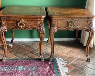 Pair PARQUET top carved 1 drawer side/lamp tables. $150 pair.