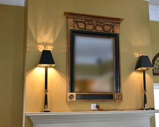 Mirror, lamps (pair), metal and wood wall hangings (3)