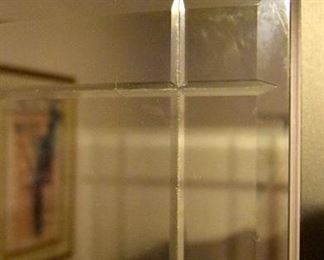 light and dark wood hutch, beveled glass window