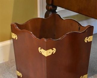 wooden wastebasket with metal detail