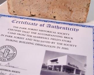 Brick from Marshall Field's Store in Park Forest demolished in 2010. Certificate of Authenticity.