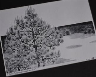 "Torrey Pines Golf Course, La Jolla" (1977). Pencil drawing by Tsuyoshi "Mat" Matsumoto (1908-1982). Of note,  pines are the Japanese symbol of good luck and longevity—and interestingly “Matsumoto” means “root of the pine”.  An article about the artist: http://www.discovernikkei.org/en/journal/2017/10/12/tsuyoshi-matsumoto