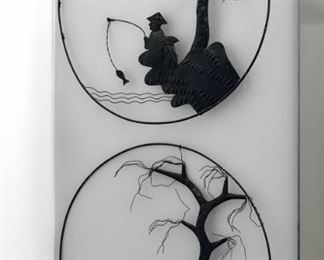 metal and wire art, Asian theme, appx 10" diameter each