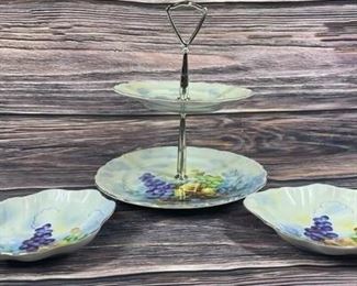 Lefton China Hand Painted Set of Two Plates and One Tiered Dessert Holder