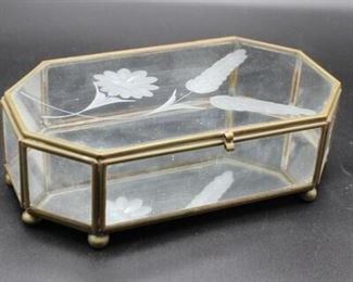 Vintage Etched Clear Glass Mirror Jewelry Trinket Box