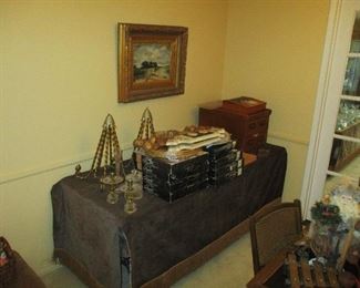 CHARGER PLATES , OAK FILE, IRON CANDELABRAS