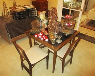 1960'S FOLDING TABLE WITH 4 CHAIRS, ASSORTED CHRISTMAS DECORATIONS