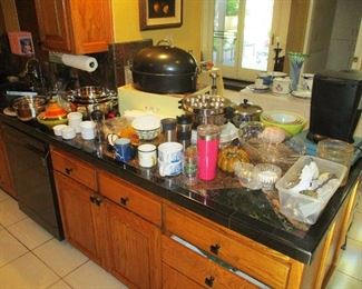 ASSORTED KITCHEN PANDS AND DISHES, UTENSILS, CUTLERY
