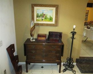 1920'S MAHOGANY SILVERWARE CHEST, IRON FLOOR LAMP, WALL LETTER/ MAGAZINE HOLDER