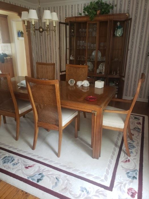 MID CENTURY DINING ROOM SET WITH CHINA CABINET SIDEBOARD AND TABLE 2 LEAVES & CHAIRS ALL FOR $ 550.00