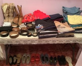 Shoes, boots, belts, T-shirts, jeans, and shorts 
