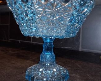 Fenton? Beautiful Blue Hexagon Shaped Cut Glass Compote