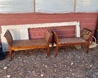 pair of wood/rattan benches