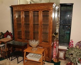 Thomasville China Cabinet, TV Cart, Marble Top Table, Silk Flower Arrangements