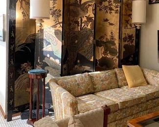 Asian Screen/Room Divider 8' x 12' 2-Sided, Vintage Heritage Sofa, Vintage Lighting