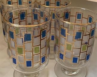 Vintage Mid Century Libbey Nordic Cocktail Barware Glasses Blue Green Gold (set/8)