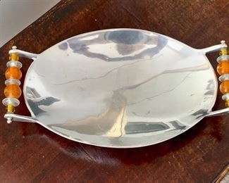 $40 - Argent serving tray with orange handles; 2.5" H x 16.5" L x 9.5" W