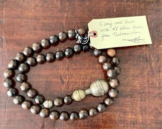 $75 - Ebony wood bead necklace with old silver beads (Turkmenistan) 
