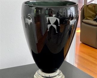 $160 - Stephen Correia Evleta black artglass etched figural vase; SIGNED; 10.5" H x 7" diameter. 1992 5/20 AP