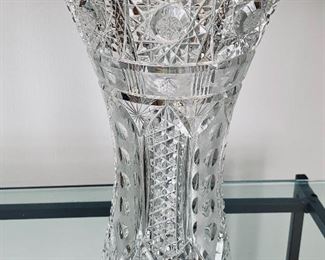 $80 - Hand cut crystal vase; 11" H x 7" diameter